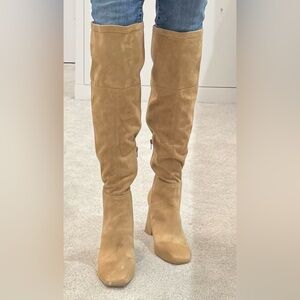 NEW Women’s Tan Faux Suede Over the Knee Block Heel Boots, Size 9.5